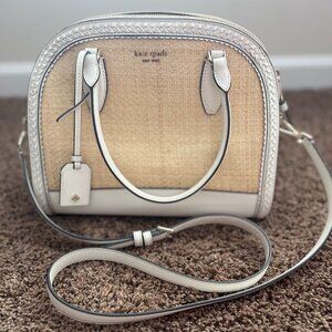 KATE SPADE White Leather Rattan Top Handle Tote Zipper Closure Crossbody Bag EUC